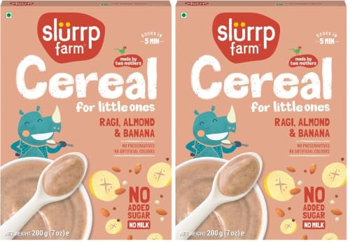 Image of Slurrp Farm No Added Sugar, No Salt Ragi, Almond and Banana Cereal | 100% Sprouted Ragi | Healthy Cereal | No Milk | No Preservatives, 200g (Pack of 2)
