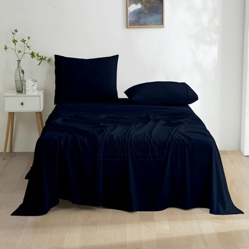 Cottington Lane 4 Piece King Size Sheet Set, 100% Egyptian Cotton Bed Sheets Fits 15 inch Deep Pocket Mattress, Cool & Durable Luxury Bedding, Navy Blue Solid