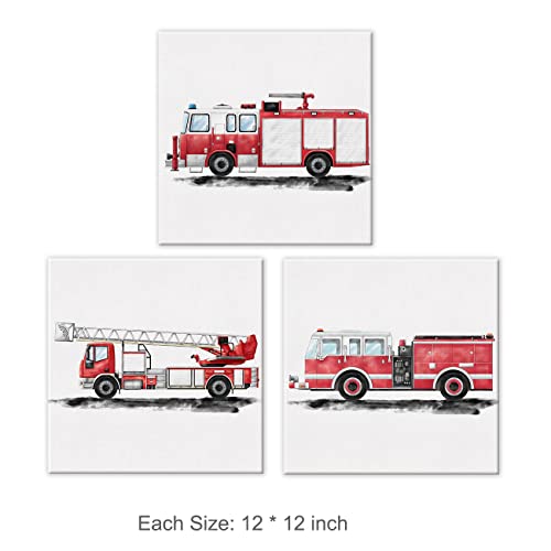 Yuzi-N Set Of 3 Fire Truck Nursery Transportation Art Posters Canvas Wall Art & Tabletop Home Kids Bedroom Decoration, Watercolor Fire Engine Firetruck Prints Easel & Hanging Hook 12X12 Inch #TOP1
