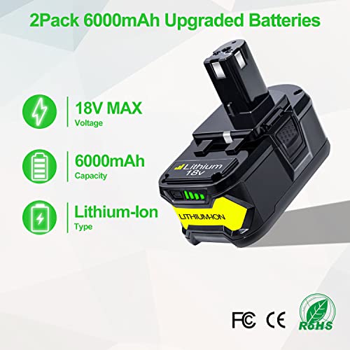 Image of DTK Replacement for Ryobi 18V Battery 6.0Ah ONE+ P102 P103 P104 P105 P107 P108 P109 P190 P122 Cordless Tool Battery(2Pack)