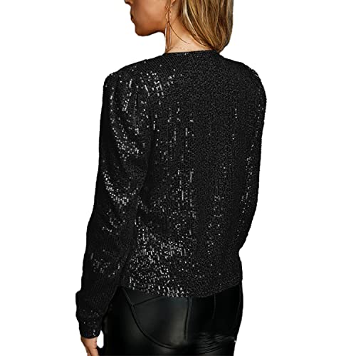 Image of qfmqkpi Womens Fashion Shiny Sequin Long Sleeve Cropped Suit Jacket Party Clubwear Black S
