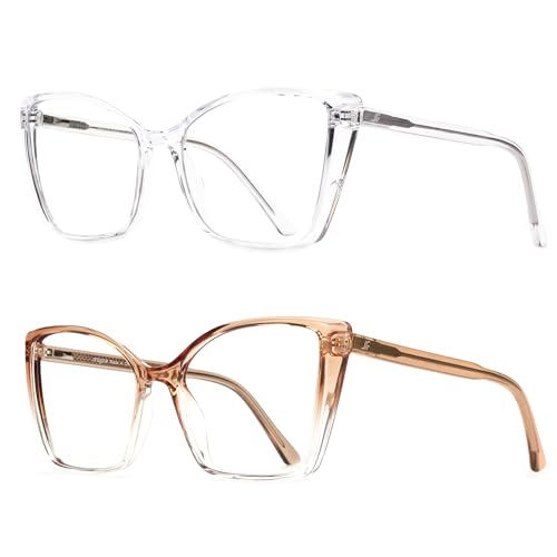 Image of 2 Pack Blue Light Blocking Glasses for Women, Oversized Trendy Cat Eye Computer Gaming Glasses Anti Glare & UV Glare RF6204 (Clear + Clear Gradient Brown Cateye Frame)