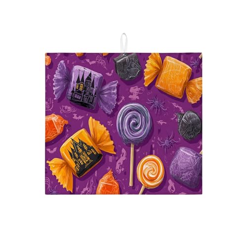 Tapete de secado de platos de caramelo de Halloween para encimera de cocina, tapete absorbente de platos de caramelo violeta, divertido tapete de secado de microfibra para decoración de encimera de