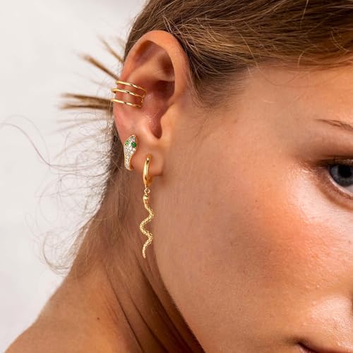 VACRONA Gold Hoop Earrings Huggie Earrings for Women 14k Gold Plated Small Hoops Green Snake Shell Beaded Earrings Hypoallergenic Jewelry Gift3