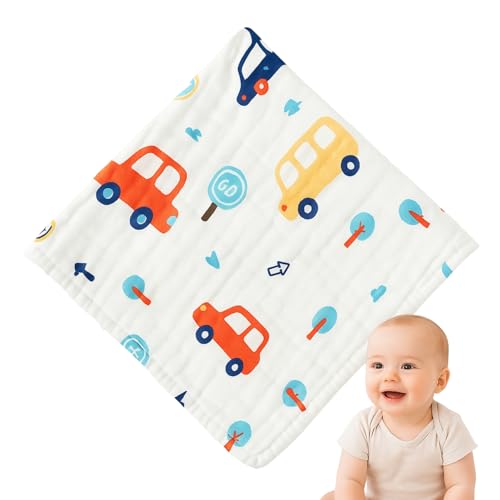 Toalla Gasa para Bebe, Toallitas de algodón para bebé, Toallitas de Muselina para bebé, Muselinas Bebe Algodón, 6 Capas de absorción, 100% algodón, 25 x 25 cm, Diseño Estampado Coches