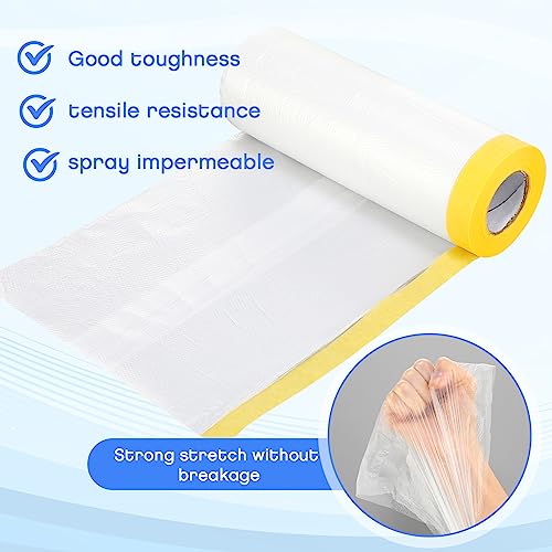 Image of Seajan 9 Roll Painters Plastic with Tape Pre Taped Masking Film for Painting Automotive Paint Adhesive Protective Film Masking Tape Roll Plastic Painting Covering (White,5 x 65 Ft)