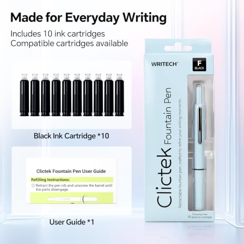 Image of WRITECH Clictek Fountain Pen Fine: Retractable Black Ink with 10 Cartridges
