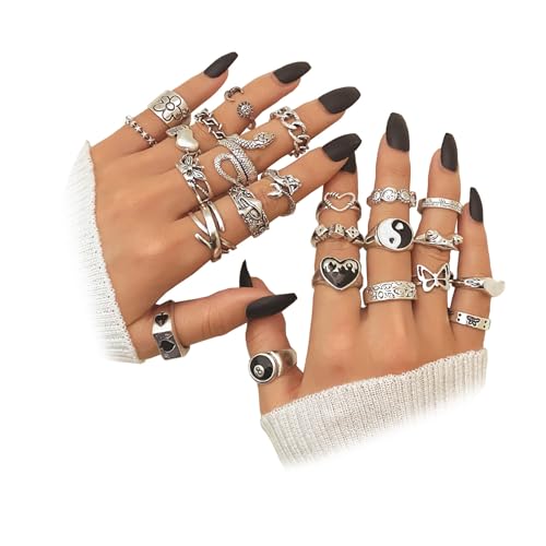 IFKM 24PCS Vintage Silver Knuckle Rings Set for Women, Stackable Joint Finger Statement Rings Bohemian Retro Hollow Carved Midi, Boho Halloween Skeleton Skull Snake Heart Chunky Stacking Pack (Retro)