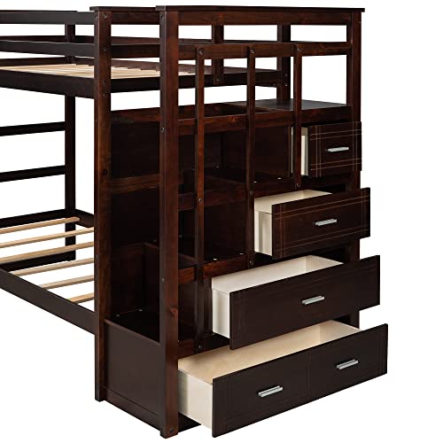 Durab Solid Wood Bunk Bed, Twin Over Twin Bunk Beds Wooden Bunk Bed Frame Trundle Twin Size Trundle Bed Frame With Guardrail Bunk Bed Trundle With 4-Storage Staircase For Teens, Adult,Espresso #TOP3