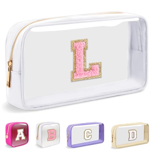 Small Clear Personalized Initial Makeup Bag,Nylon Preppy A-Z Chenille Letter Patch Cosmetic Pouch Beach Toiletry Bag,Waterproof Zipper Travel Purse Storage Bag Organizer for Women Girls(White-Pink L)