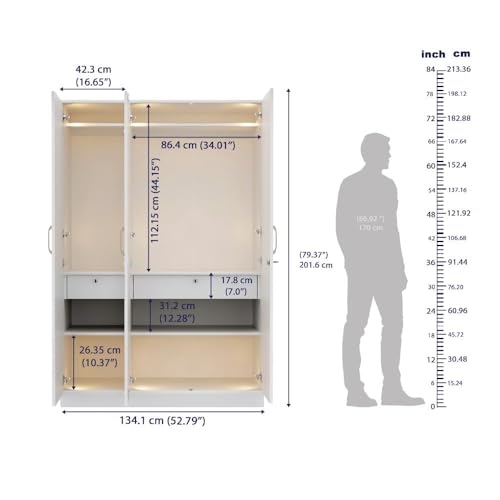 Image of Wakefit Wardrobe for Bedroom | 3 Yr Warranty | Cupboard for Bedroom, Almirah, Wooden Wardrobe, Comes with LED light, Storage Drawer, Mirror & Hanger, Density:680-750kg /m, Free Installation(Tyrian-FW)