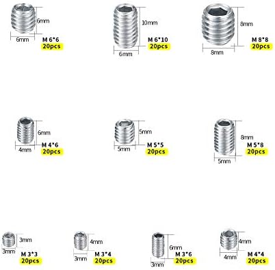 200 Pcs Grub Screws Set, M3/M4/M5/M6/M8 Cup Point Grub Screws, Stainless Steel Hex Head Allen Screws, Thread Hex Socket Cup Point Fasteners Screws Assortment Kits