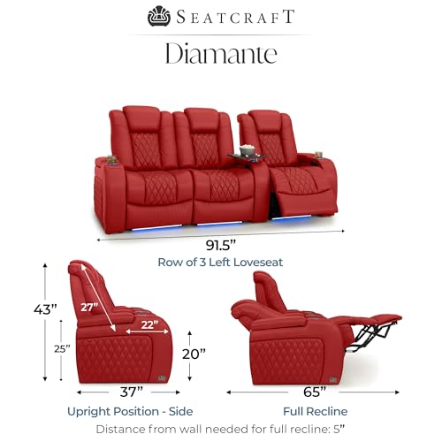 Image of Seatcraft Diamante Red Italian Leather Home Theater Seating, Zero Gravity Power Recliner Gaming and Home Office Chair, Powered Headrest Lounge Sofa Furniture for Cinema Room, Row of 3 Left Loveseats