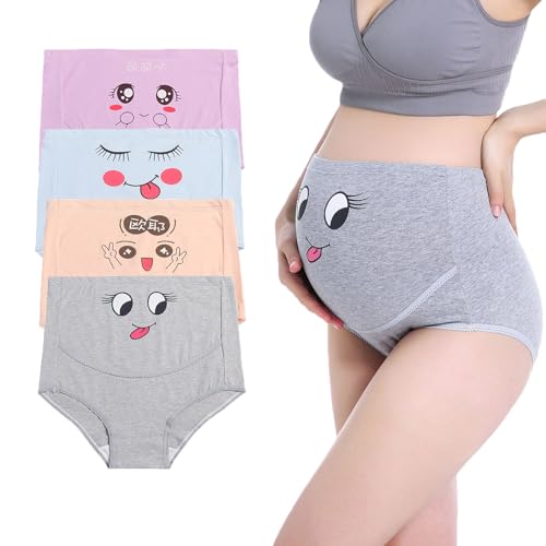 AUTUCAU Ropa interior de algodón para maternidad, cintura alta, ajustable, sin costuras, suaves, hipster, paquete de 4, Lindos dibujos animados (paquete de 4), XXL