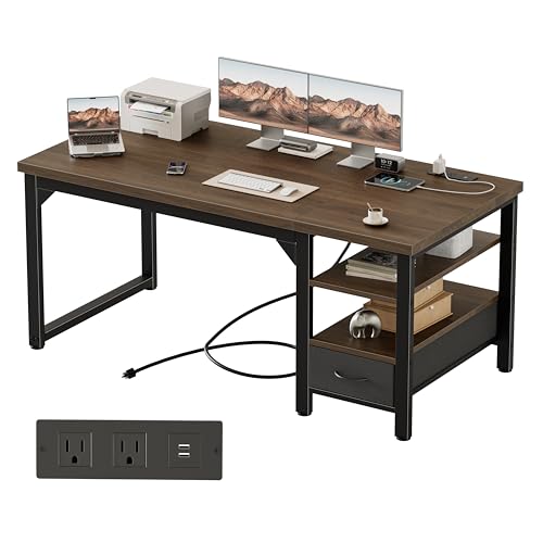 Image of Mericonia 54 inch Computer Desk with Drawer, 1.2 inch Thick Reversible Office Desk | Modern Writing Table with Power Outlets & Storage Shelves, Heavy Duty Industrial Executive Desk for Home Bedroom Study Work
