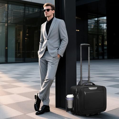 Ytonet Rolling Laptop Bag, Rolling Briefcase for Men Women with Cup Holder, 17.3'' Carry On Water Resistant Laptop Bag with Wheels, Overnight Roller Computer Bag for Work Travel Business College