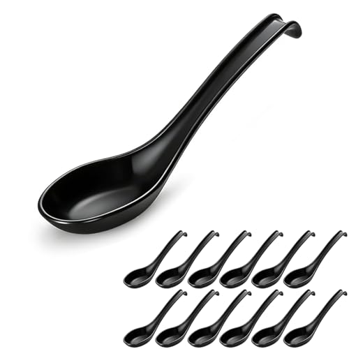 Berglander Asiatische Suppenlöffel 12 Stück, Plastik Suppenlöffel für Soba, Pho, Nudeln, Japanische Ramen, Chinesische & Vietnamesische Wonton, Koreanischer Stil Großer Löffel mit langem Griff