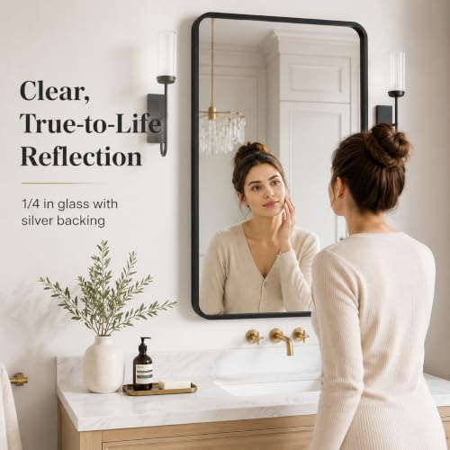 Image of USHOWER 2-Pack Black Bathroom Mirrors for Over Sink 24 x 36 Inch, Metal Frame Rectangle Wall Mirror, Modern Farmhouse Vanity Mirror, Wall Mounted