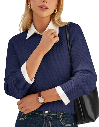 GRACE KARIN Women Winter Long Sleeve Sweater Top, Casual Waffle Knit Wool Pullover, Crewneck Dressy Clothes XL Navy Blue