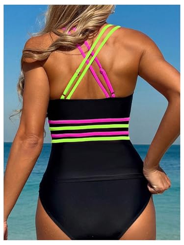 Women's 2 Piece Color Block Tankini Swimsuits Tummy Control Criss Cross Spaghetti Strap Bathing Suit2