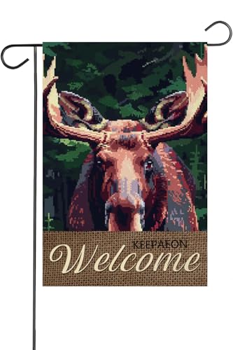 KEEPAEON Welcome Moose Garden Flags for Outside, Moose yard Decoration, Small Seasonal Outdoor Decor for Summer Farmhouse Holiday, 12x18 Inch Double Sided (1105)