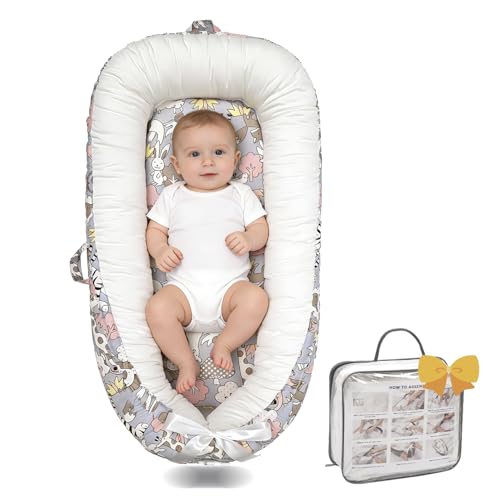 Image of Baby Lounger-Breathable and Soft Organic 100% Cotton, Portable Infant Lounger with Removable Lounger Cover, Floor Lounger for Newborn - Sheep Monkey