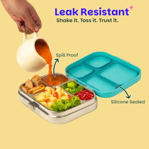 Image of Basil Bento Box Quad - 4 Compartment Stainless Steel Lunch Box with BPA-Free Plastic Lid | 800 ml Leak-Proof Tiffin Box for Kids & Adults | Premium School, Office, and Picnic Lunch Box - Teal Garden