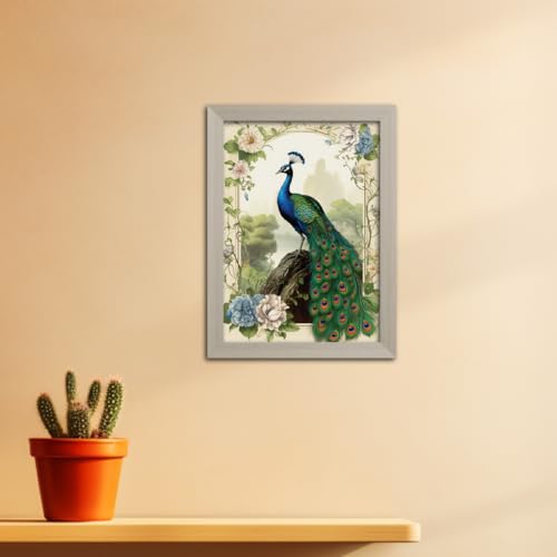 Image of TenorArts Peacock Photo Frame Vastu Positivity Lucky Wall Painting Aesthetic Art Frames with White Wooden Texture for Living rooms Office Bedroom - Wall Paintings /Hangings (12inches x 9inches)