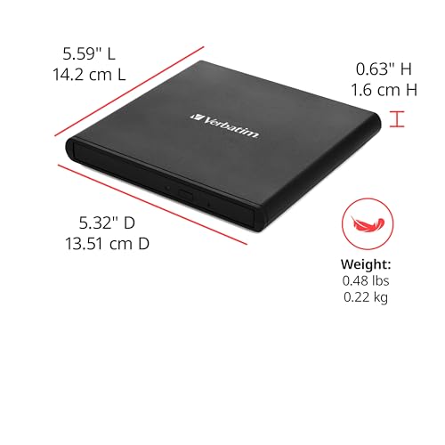Image of Verbatim Slim External Burner CD /DVD + /-RW Optical Drive USB 2.0 with USB A to USB C Adapter and M-DISC Support - Mac & PC Compatible Nero Burn & Archive Software Included (Windows only)