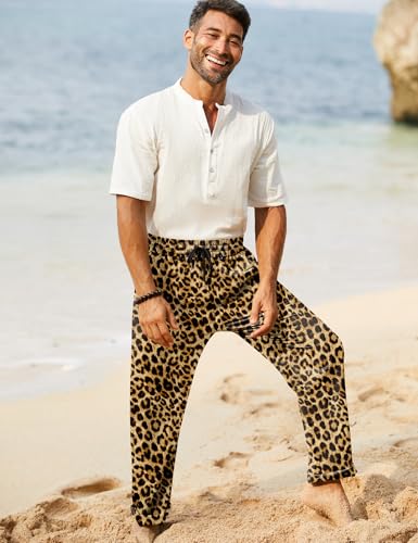Image of iWoo Linen Pants Men Casual 2025 Summer Beach Elastic Drawstring Waist Yoga Pants Travel Baggy Work Pant Pajama