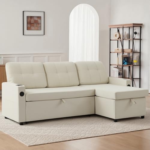 Image of 82 inch Pull Out Sofa Bed,L-Shape Modern Sleeper Sofa, Upholstered Sectional Couch with USB Port and Side Pockets for Living Room and Guest Room (Beige)