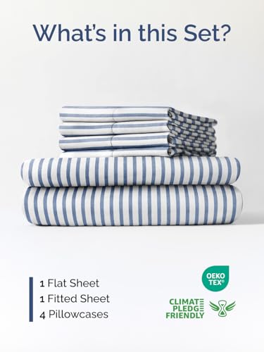 Image of Extra Deep Full Sheet Set - 6 Piece Breathable & Cooling - Blue Stripes | Hotel Luxury Bed Sheets Set, Easy & Secure Fit, Ultra-Soft, Wrinkle & Fade Free, Comfy Sheets Set with Extra Deep Pockets