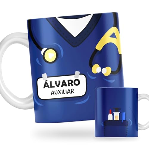 DEREGALOOS Taza Original Personalizada con Nombre. Taza para Regalar Uniforme TCAE Médico o Enfermera. Taza de Desayuno Accesorios Médico. Regalo original para enfermeros.