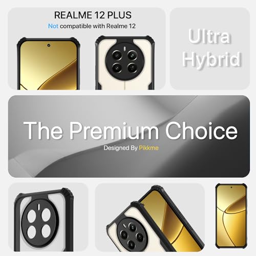 Image of Pikkme Realme 12 Plus 5G Back Cover | Crystal Clear Transparent Back | Ultra Hyrbid | Full Camera Protection | Raised Edge | Bumper Back Case (Black)