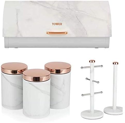 tw TOWER Set of 6 ROSE GOLD & WHITE MARBLE EFFECT Tower Stylish Kitchen Accessories - Bread bin, 3 Matching Canisters, Towel Pole and Mug Tree