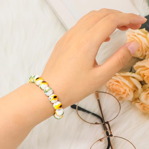 Honbay 1PCS Sunflower Porcelain Beads Bracelet Flower Ceramic Bead Stretch Bracelet with 1PCS Velvet Drawstring Bag3