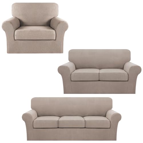 Turquoize Stretch Sofa Covers for 3 Cushion Bundle Loveseat Cover for 2 Cushion Bundle Armchair Cover, Sofa Furniture Covers with Individual Cushion Covers, Sand