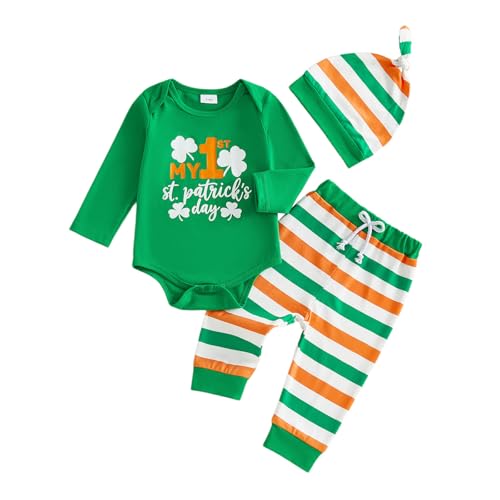 Frietlebird Infant Baby Boy St Patricks Day Outfit Long Sleeve Letters Romper Pants with Hat My First St Patricks Day Baby Boy Outfit (S-Green Stripe,3-6 Months)