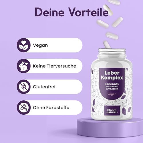 Leber Komplex mit Mariendistel, Artischocke, Löwenzahn, Cholin, Folsäure & Vitamin B12 – 200 vegane Kapseln – produziert in Deutschland – Laborgeprüft