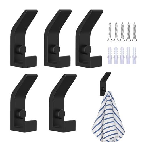 Amusingtao 5 PCS Black Coat Hooks, Double-Prong Coat Hangers Wall Mounted, Heavy Duty Door Hooks with Screws for Bathroom Door