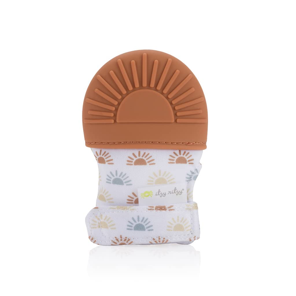 Itzy RitzySilicone Teething Mitt – Soothing Infant Teething Mitten with Adjustable Strap, Crinkle Sound and Textured Silicone to Soothe Sore and Swollen Gums, Terracotta Sun