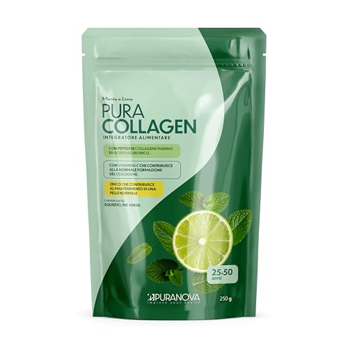 Pura Collagen 25-50 Integratore Alimentare Con Peptidi Di Collagene Marino Idrolizzato In Polvere, Acido Ialuronico, Vitamina C, Zinco – Gusto Menta E Lime – 250 G | Elasticità E Idratazione Pelle