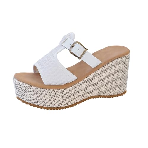 Pantoufles à talon compensé pour femme avec sangle tissée et boucle