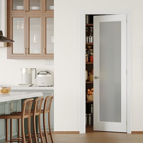 Image of Pantry Door with Prehung Door Jamb, 32 inch x 80 inch, Right-Handed Interior Door, 1-Lite Frosted Glass, White MDF with Hardware Kit