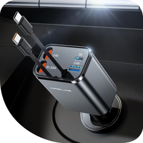 Image of Retractable Car Charger for iPhone 17, 69W 4 in 1 USB C Car Charger Fast Charging with Type C Cable Cigarette Lighter Adapter for iPhone 17 16 Pro Max Samsung S25 iPad, Car Accessories for Men
