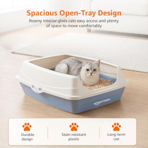 Image of Amazon Basics Premium Cat Litter Tray | Sapcious Open Entry Cat Litter Box | Easy Access & Cleaning Design | Blue + White | 49 x 39 x 18 cm | Suitable for Kittens & Cats