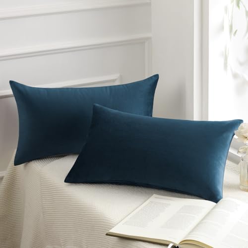 Phantoscope Pack of 2 Velvet Decorative Throw Decorative Pillow Cover Soft Solid Square Cushion Case for Couch Dark Blue 12 x 20 inches 30 x 50 cm