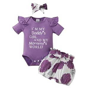 JiAmy Neugeborene Baby Mädchen Kleidung Set, Rüschen Kurzarm Spitze Strampler Daddy’s Girl Bodysuit Kurze Hosen mit Stirnband 3tlg Outfits für 0-18 Monate