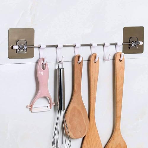 Image of Frenchware Wall Hanging Organizer Rod with 6 Hooks and 2 Adhesive Sticker | Stainless Steel Rack Without Drilling, For Cloth and Utensil Hanger