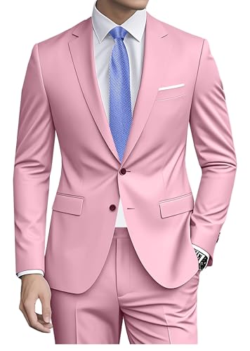 Datysum Fato de 2 peças para padrinhos de casamento, fato de smoking, blazer de formatura, conjunto de dois botões, vestido de casamento, casaco e calças com gravata, Rosa, M